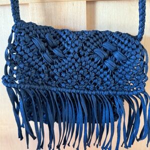 Black Woven Fringe Crossbody Bag
